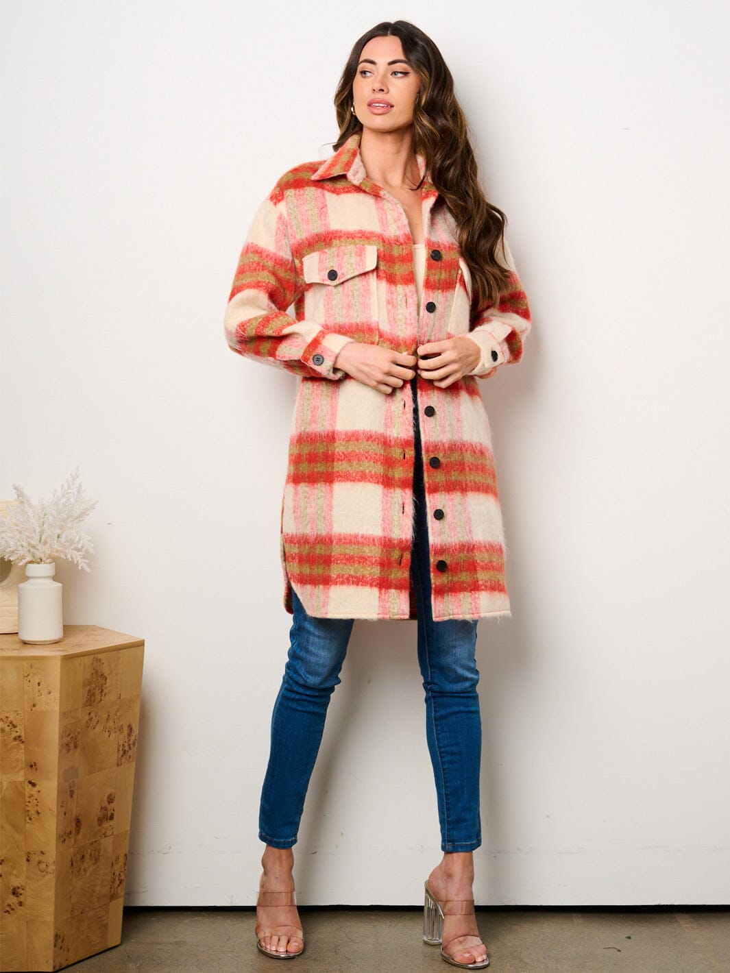 WOMEN'S LONG SLEEVE BUTTON CLOSURE FRONT POCKETS COLORBLOCK PLAID JACKET