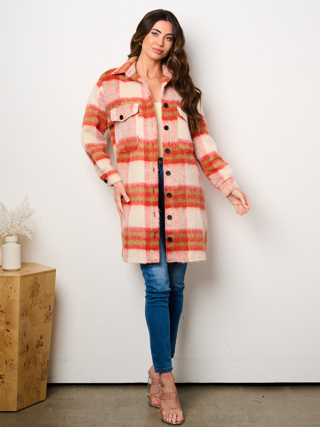 WOMEN'S LONG SLEEVE BUTTON CLOSURE FRONT POCKETS COLORBLOCK PLAID JACKET