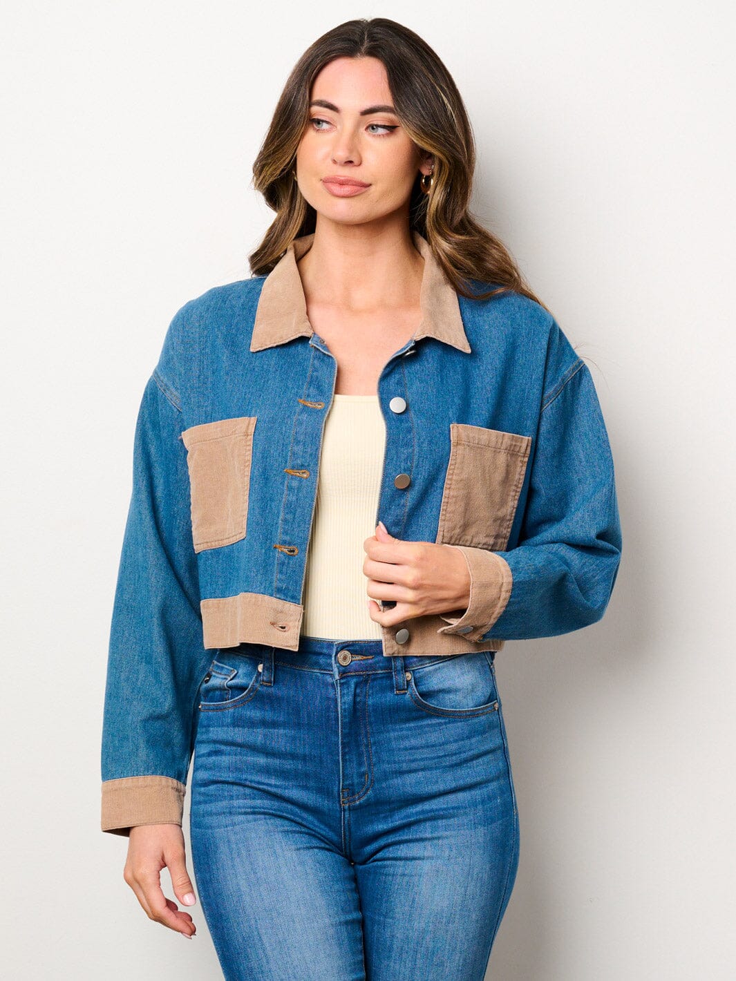 WOMEN'S LONG SLEEVE POCKETS BUTTON CLOSURE DENIM CORDUROY JACKET