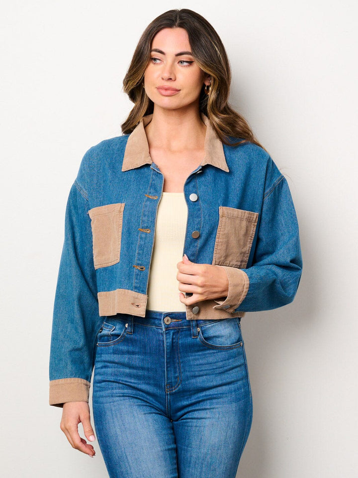 WOMEN'S LONG SLEEVE POCKETS BUTTON CLOSURE DENIM CORDUROY JACKET