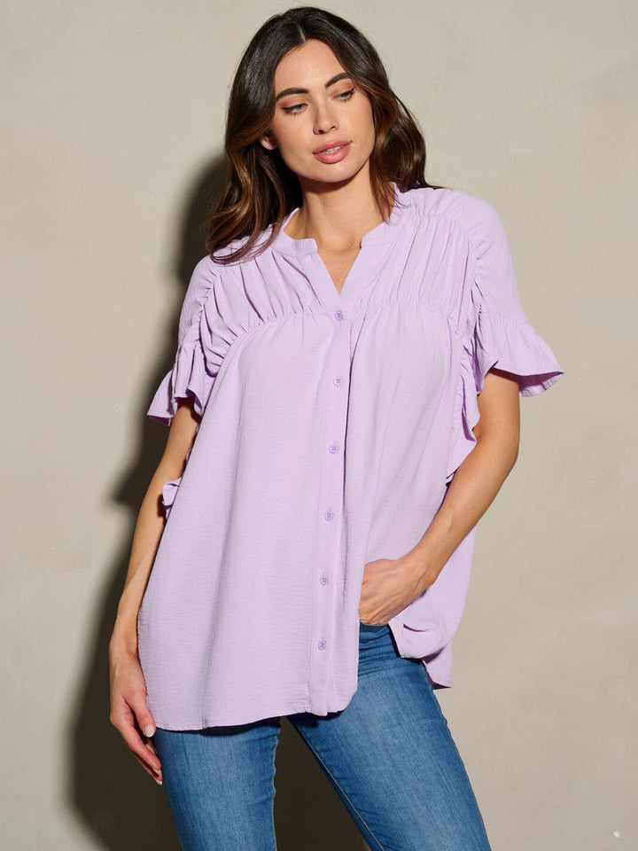 WOMEN'S SHORT SLEEVE BUTTON UP RUFFLE BLOUSE TOP