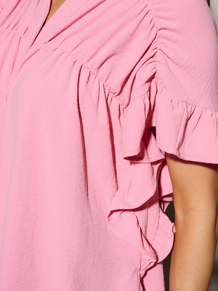 WOMEN'S SHORT SLEEVE BUTTON UP RUFFLE BLOUSE TOP