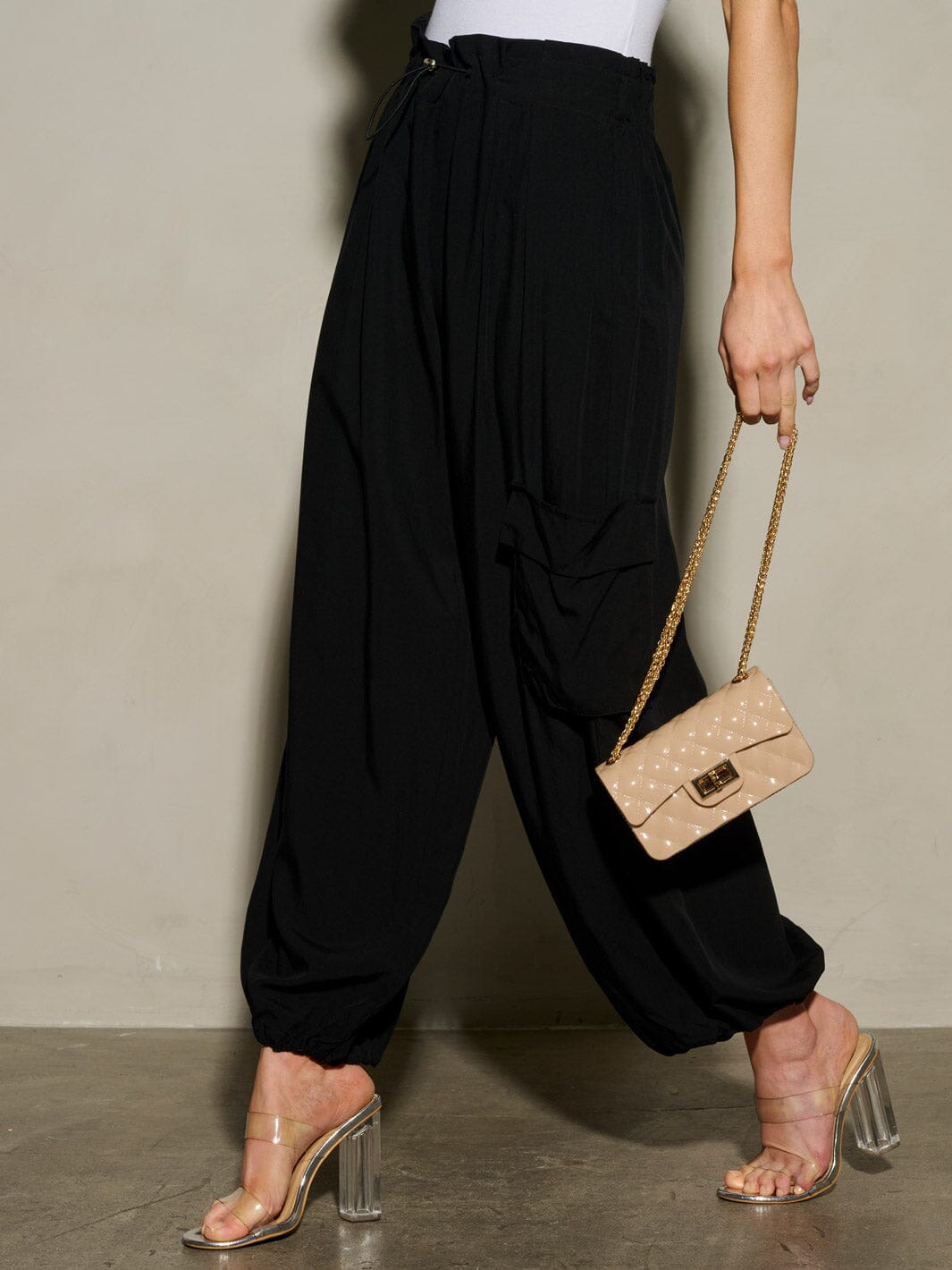 WOMEN'S ELASTIC WAIST SELF TIE JOGGER LEGS POCKETS PANTS