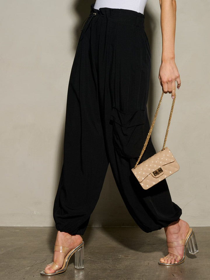 WOMEN'S ELASTIC WAIST SELF TIE JOGGER LEGS POCKETS PANTS