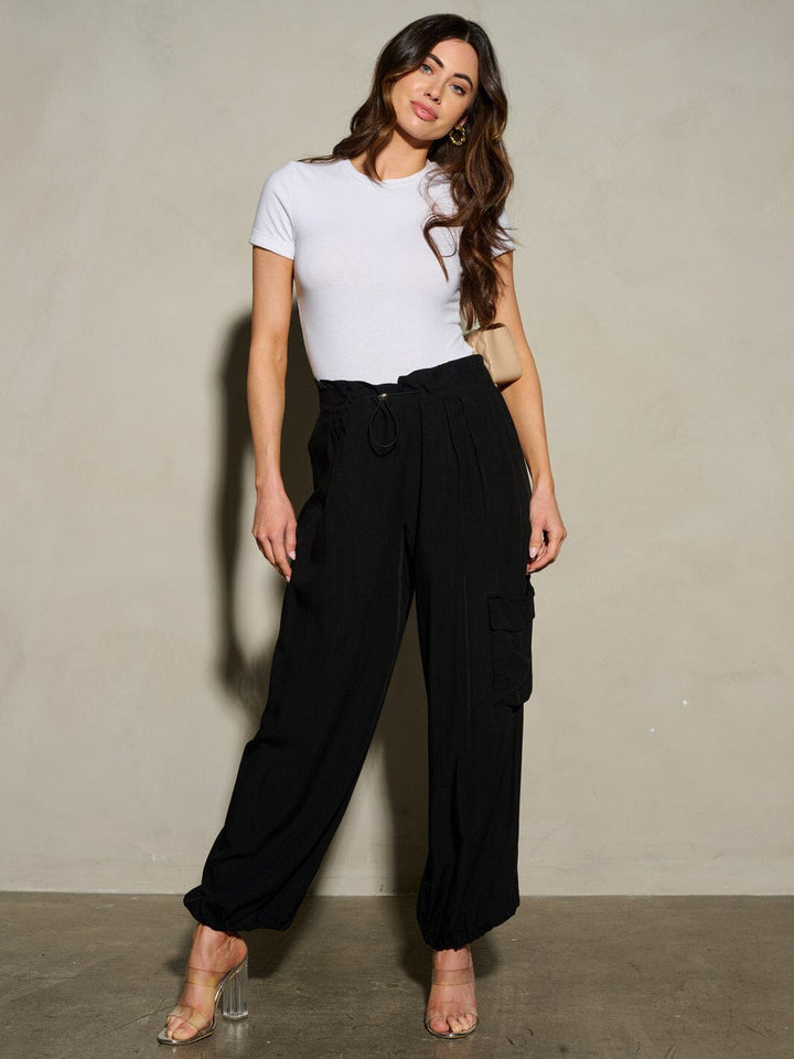 WOMEN'S ELASTIC WAIST SELF TIE JOGGER LEGS POCKETS PANTS