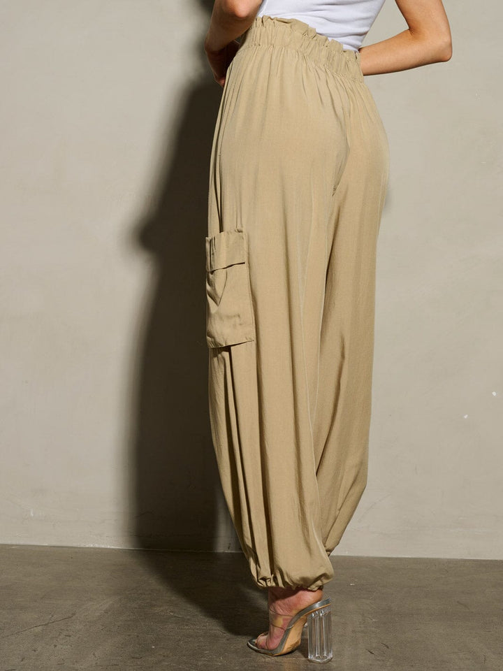WOMEN'S ELASTIC WAIST SELF TIE JOGGER LEGS POCKETS PANTS