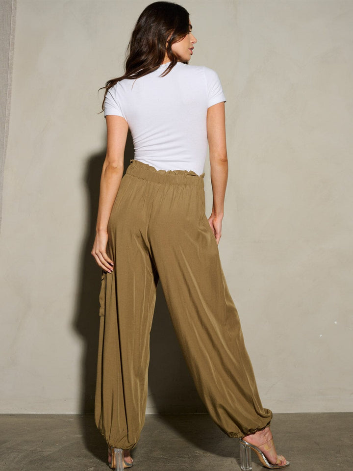 WOMEN'S ELASTIC WAIST SELF TIE JOGGER LEGS POCKETS PANTS