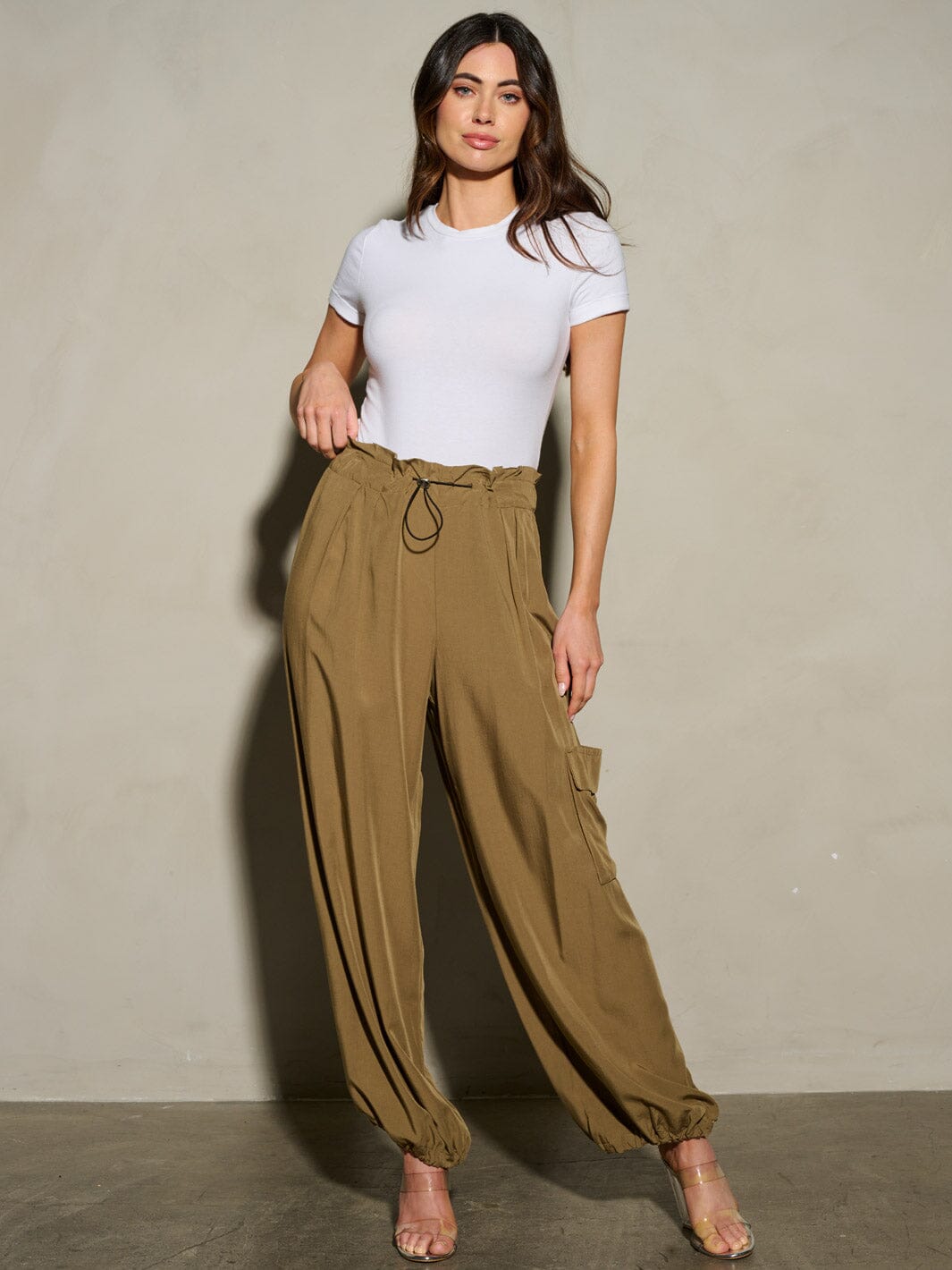 WOMEN'S ELASTIC WAIST SELF TIE JOGGER LEGS POCKETS PANTS