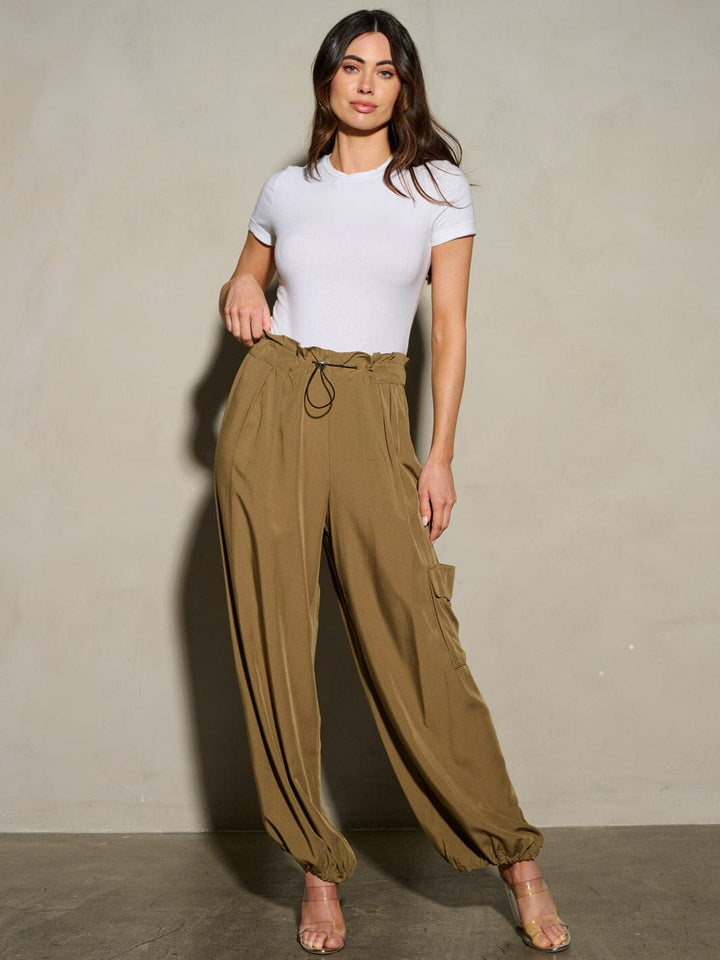 WOMEN'S ELASTIC WAIST SELF TIE JOGGER LEGS POCKETS PANTS