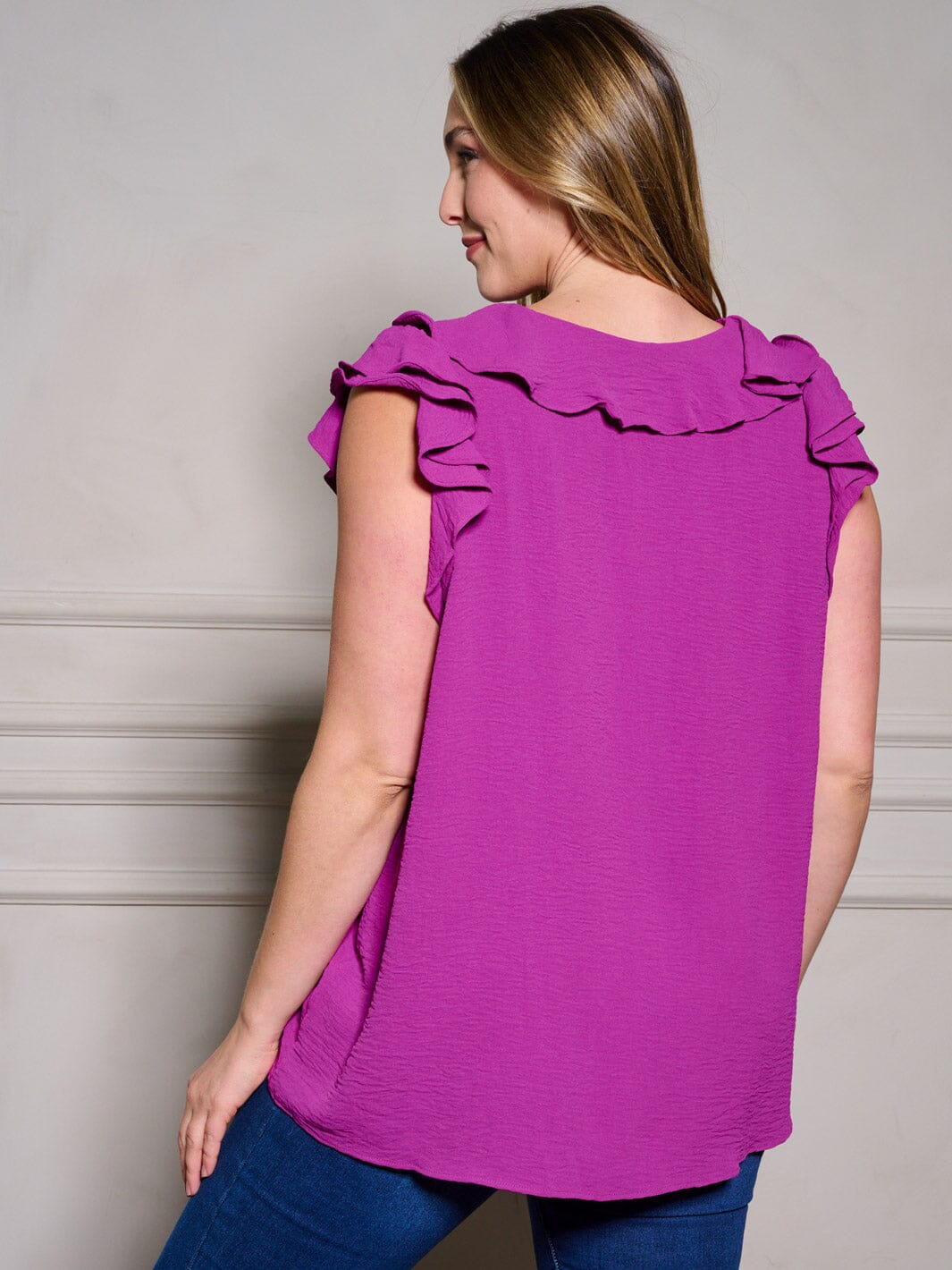 PLUS SIZE RUFFLE SLEEVES V-NECK TUNIC BLOUSE TOP
