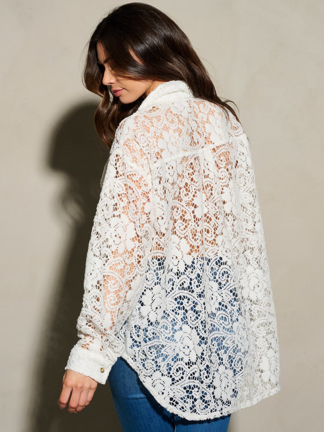 WOMEN'S LONG SLEEVE BUTTON UP POCKETS CROCHET BLOUSE TOP