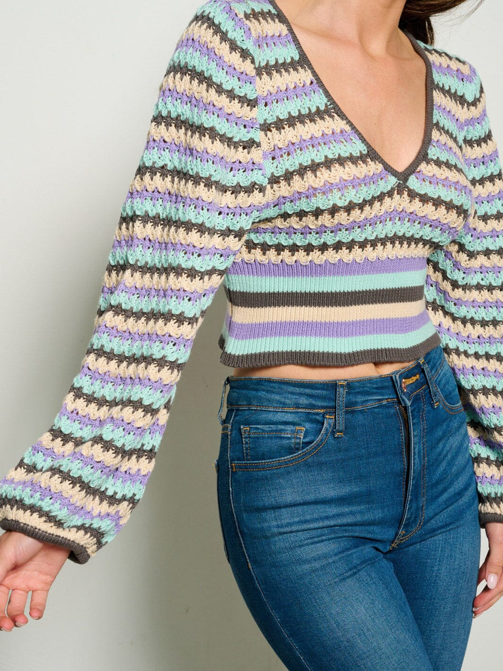 WOMEN'S LONG SLEEVE V-NECK KNIT MULTI TOP