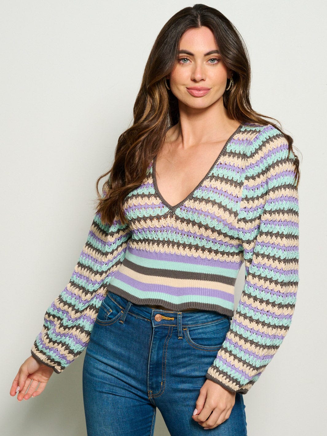 WOMEN'S LONG SLEEVE V-NECK KNIT MULTI TOP