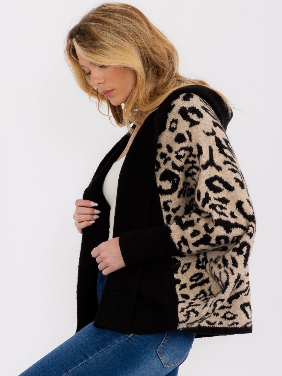 WOMEN'S LONG SLEEVE OPEN FRONT HOODED ANIMAL PRINT CARDIGAN