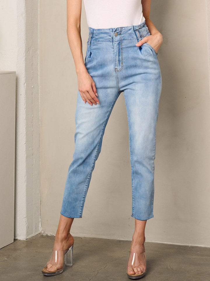 WOMEN'S SMOCK WAIST POCKETS DISTRESS DENIM JEANS