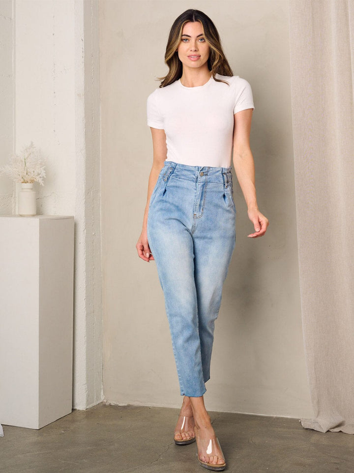 WOMEN'S SMOCK WAIST POCKETS DISTRESS DENIM JEANS