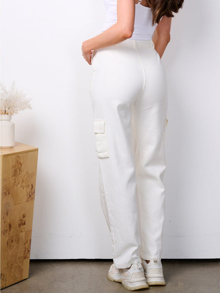 WOMEN'S BUTTON CLOSURE HIGH WAIST WIDE LEG CARGO POCKETS PANTS