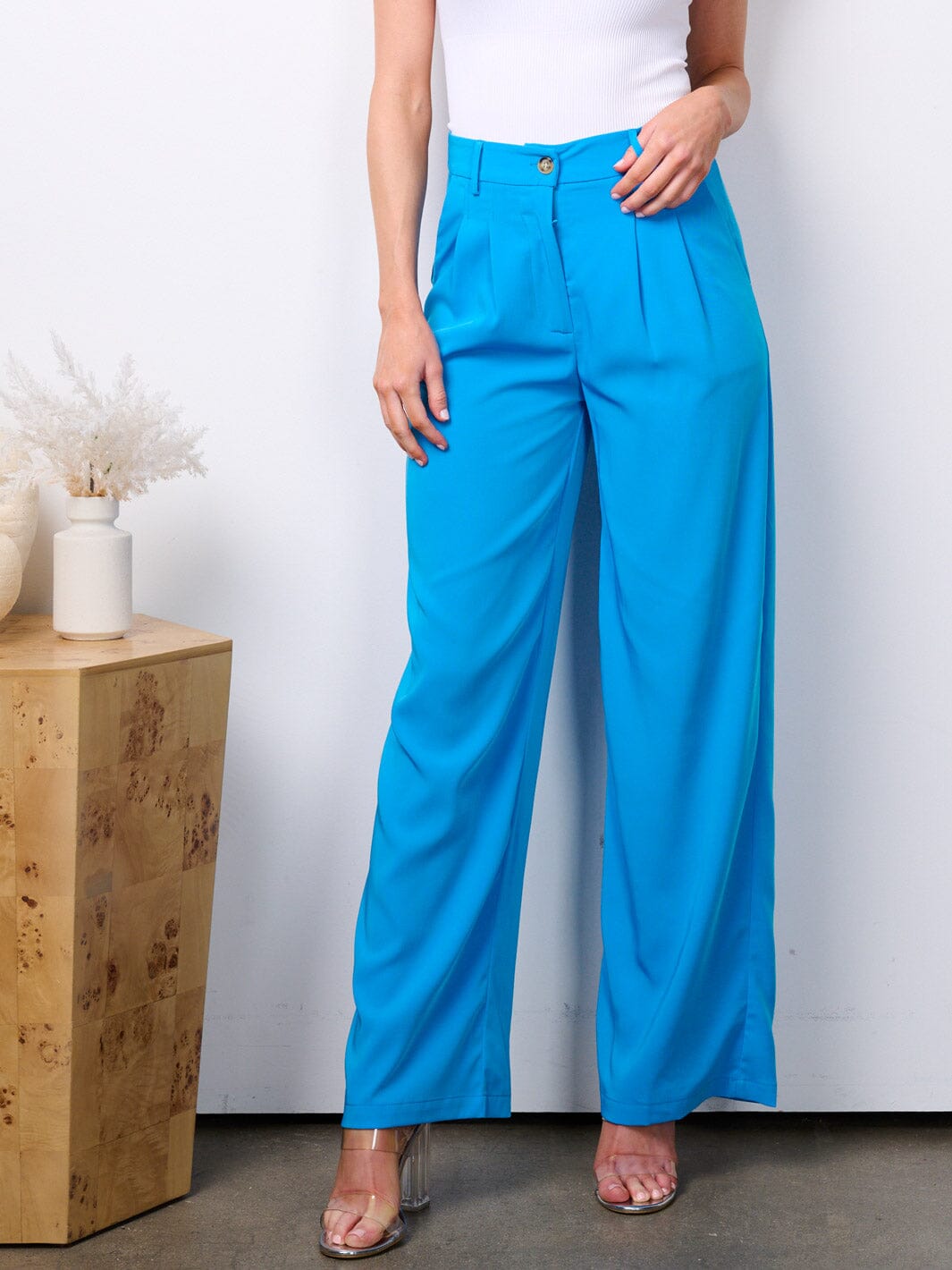 WOMEN'S BUTTON CLOSURE HIGH WAIST WIDE LEG POCKETS PANTS