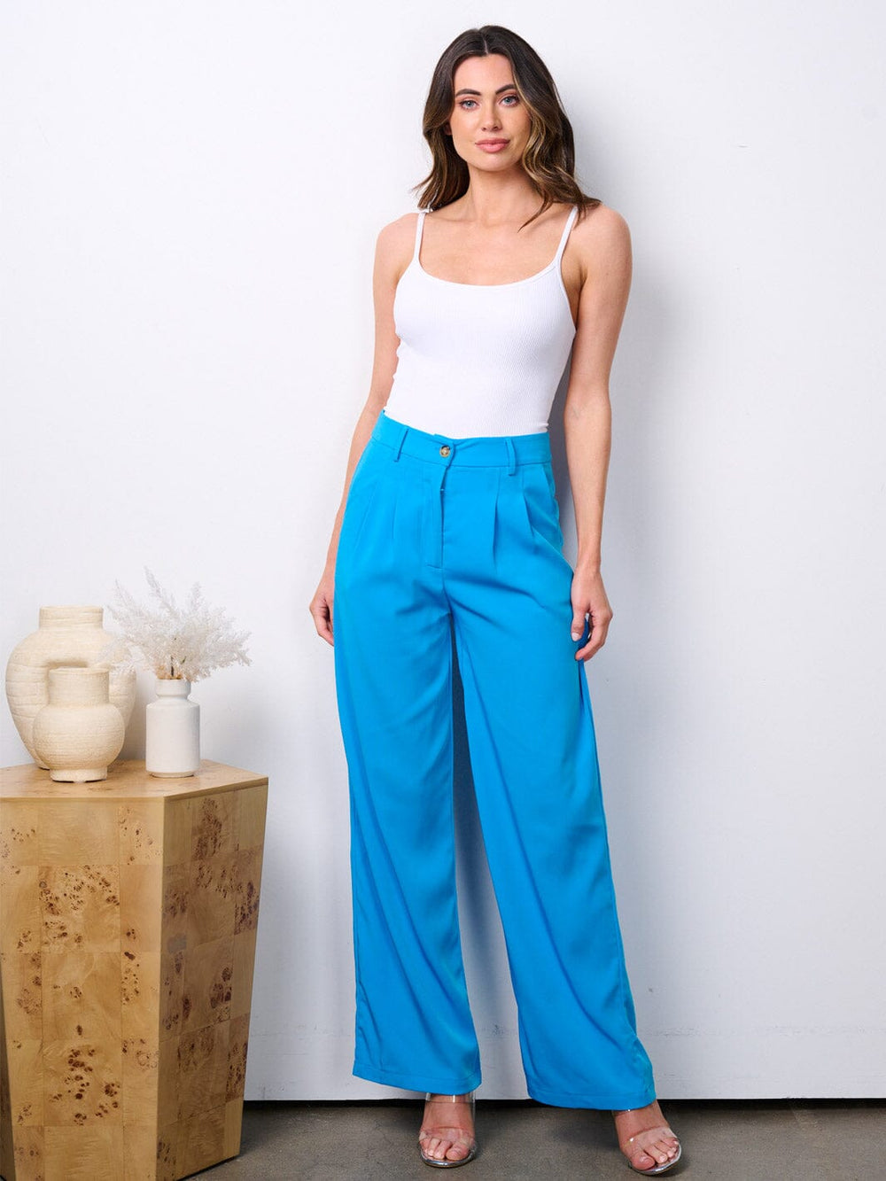 WOMEN'S BUTTON CLOSURE HIGH WAIST WIDE LEG POCKETS PANTS