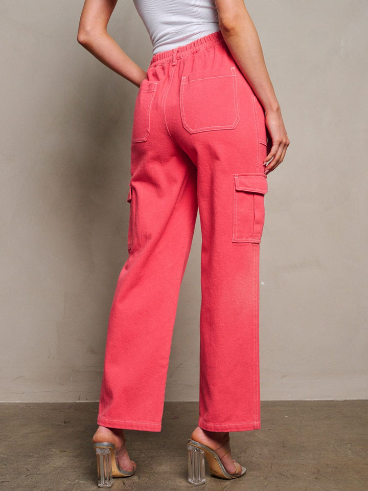 WOMEN'S BUTTON CLOSURE CARGO POCKETS DENIM WIDE LEG PANTS