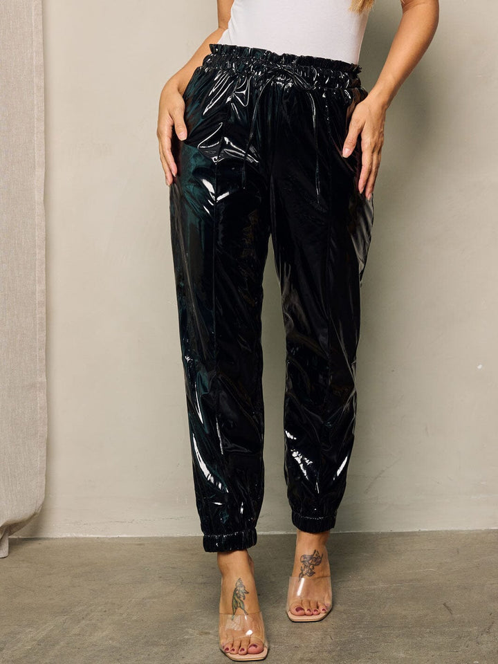 WOMEN'S ELASTIC WAIST SELF TIE POCKETS PU PLEATHER PANTS