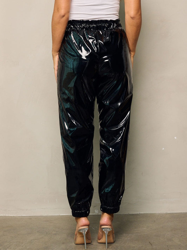WOMEN'S ELASTIC WAIST SELF TIE POCKETS PU PLEATHER PANTS