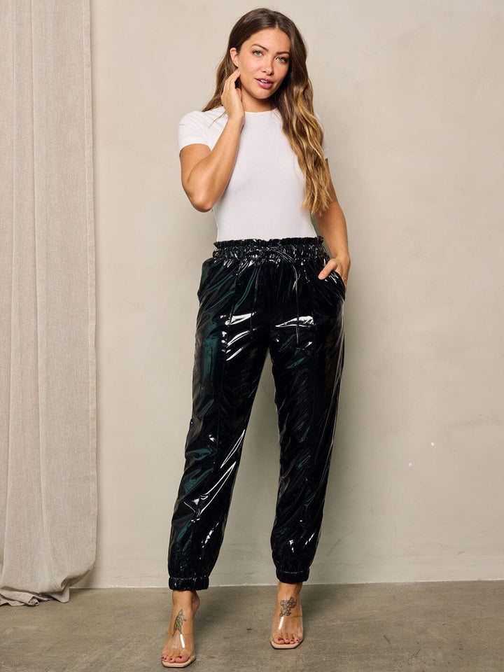 WOMEN'S ELASTIC WAIST SELF TIE POCKETS PU PLEATHER PANTS