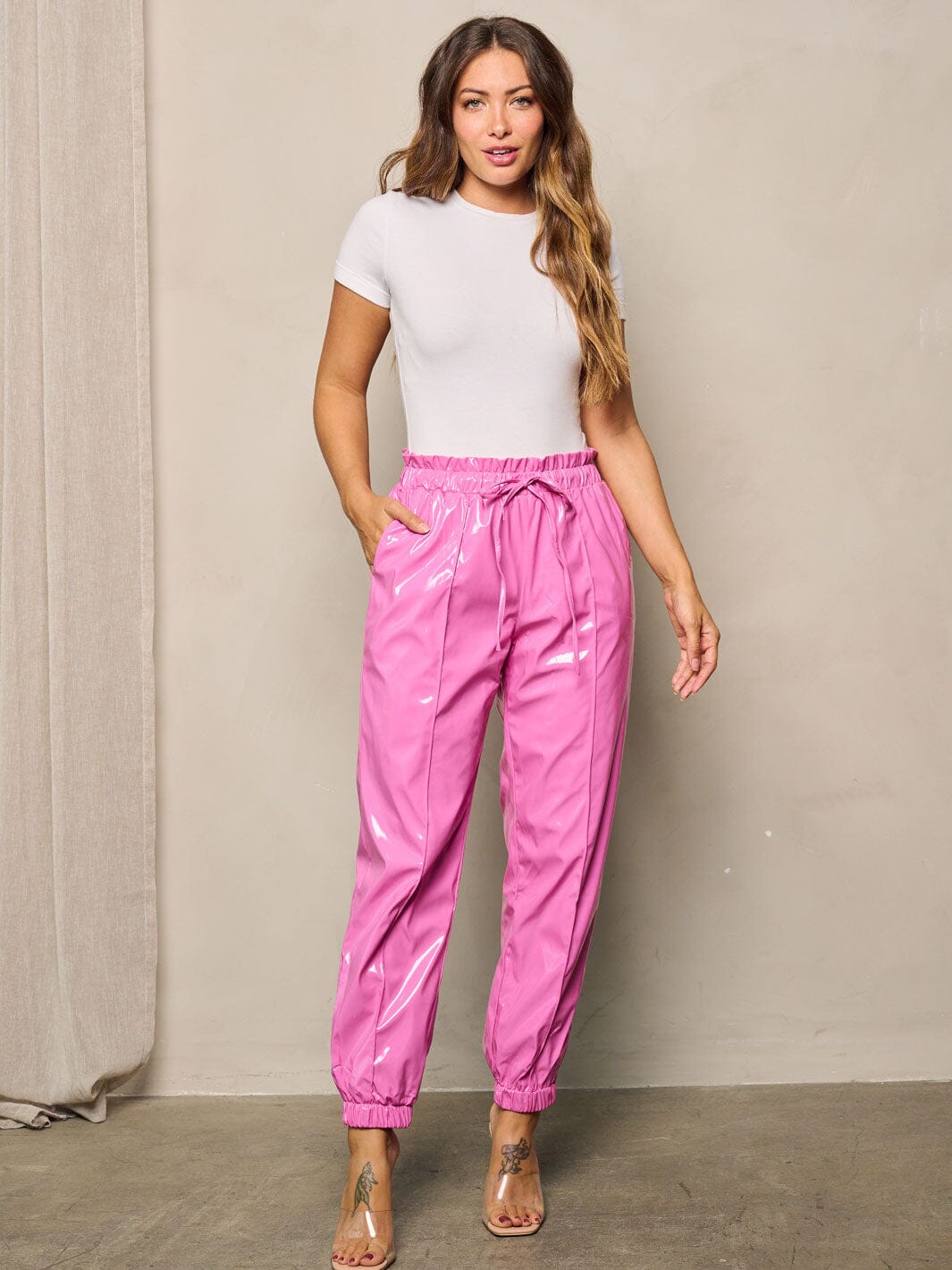 WOMEN'S ELASTIC WAIST SELF TIE POCKETS PU PLEATHER PANTS