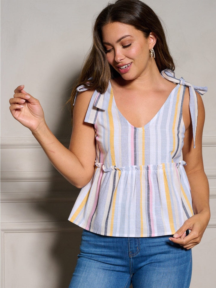 WOMEN'S SLEEVELESS V-NECK MULTI STRIPES PEPLUM TANK TOP