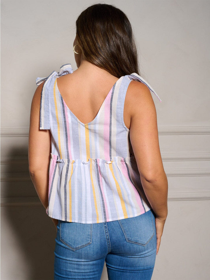 WOMEN'S SLEEVELESS V-NECK MULTI STRIPES PEPLUM TANK TOP