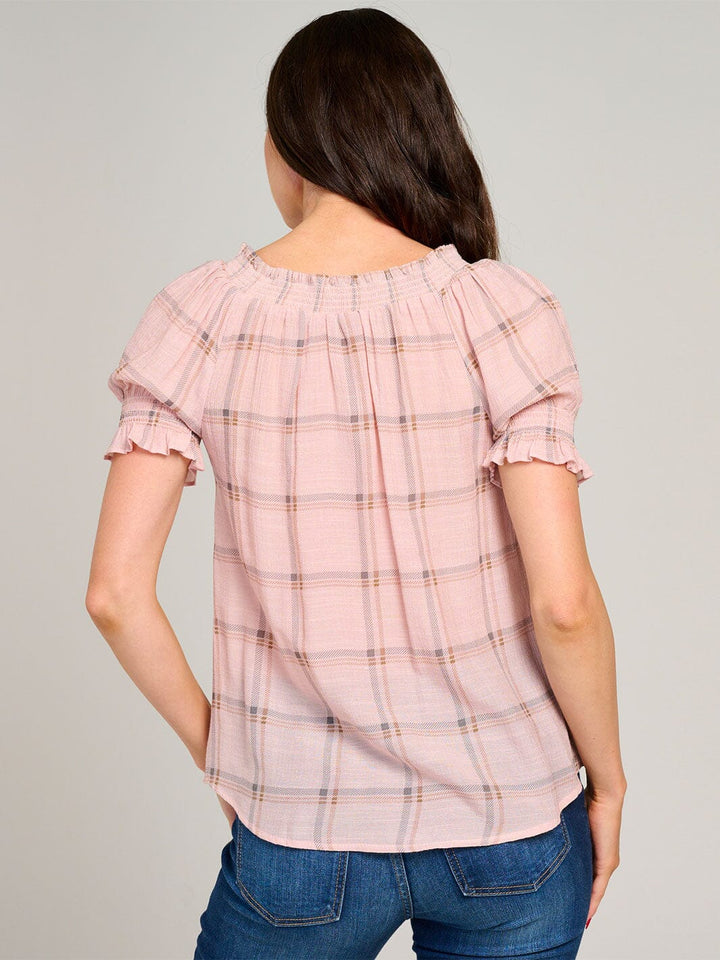 WOMEN'S SHORT PUFF SLEEVE PLAID BLOUSE