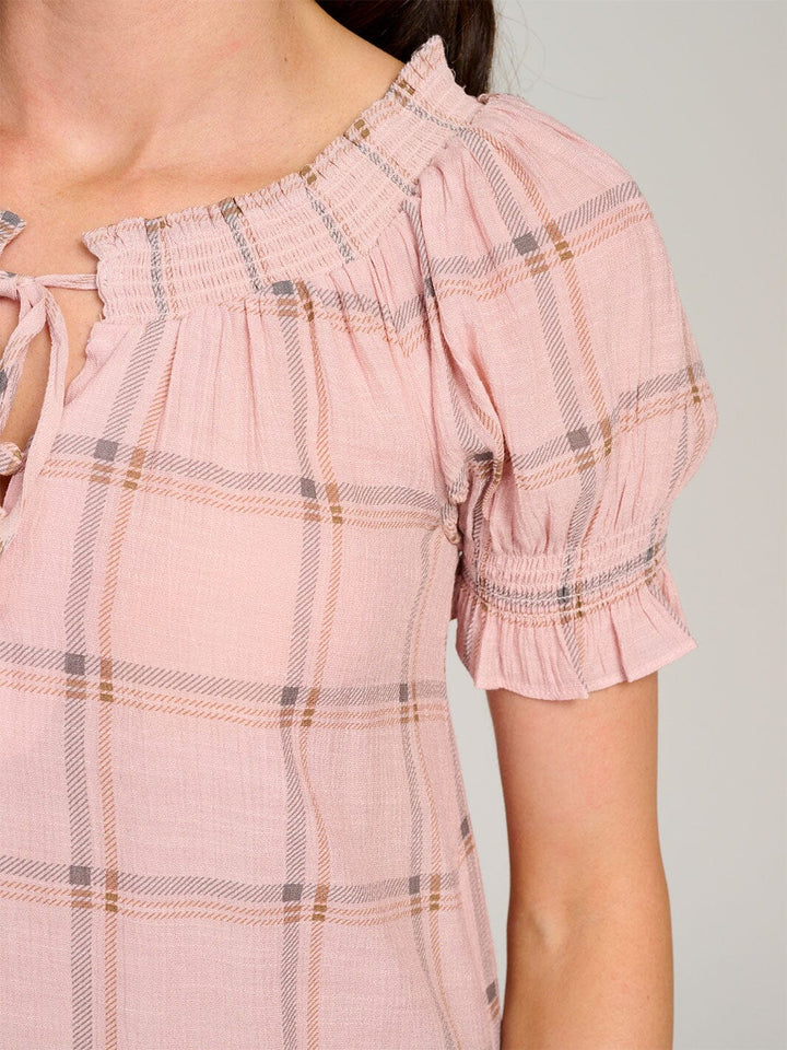 WOMEN'S SHORT PUFF SLEEVE PLAID BLOUSE