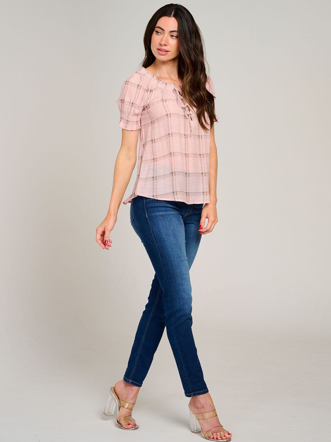 WOMEN'S SHORT PUFF SLEEVE PLAID BLOUSE