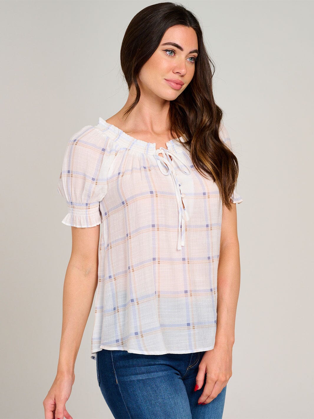 WOMEN'S SHORT PUFF SLEEVE PLAID BLOUSE