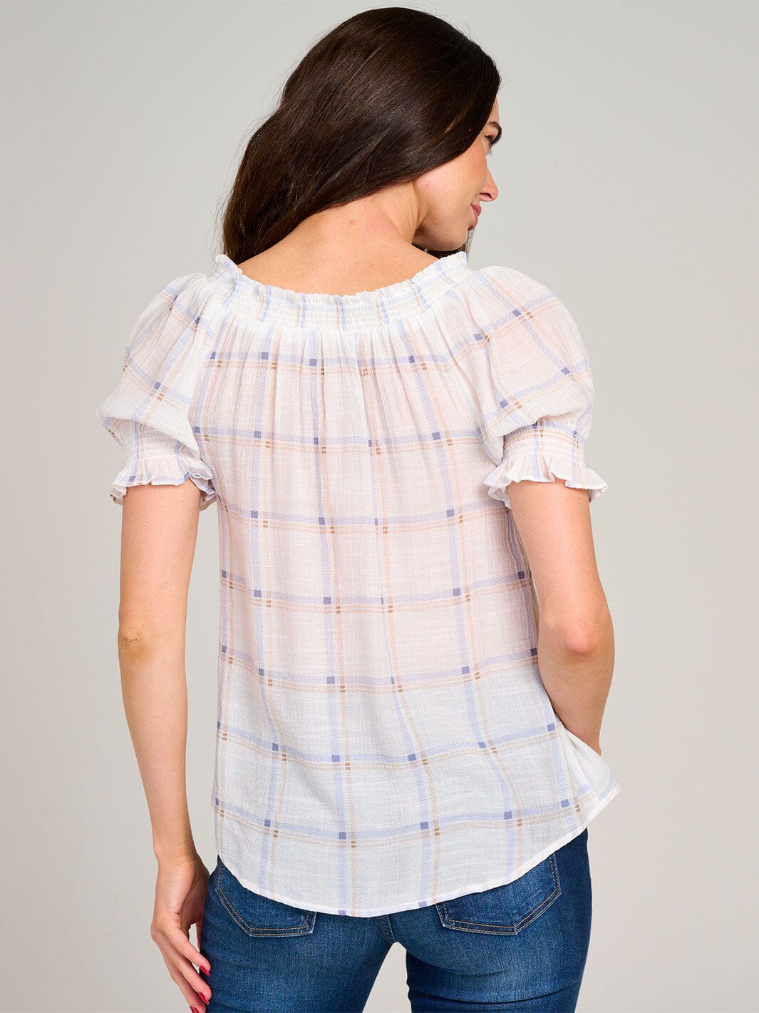 WOMEN'S SHORT PUFF SLEEVE PLAID BLOUSE