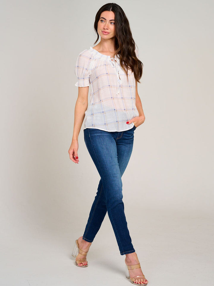 WOMEN'S SHORT PUFF SLEEVE PLAID BLOUSE