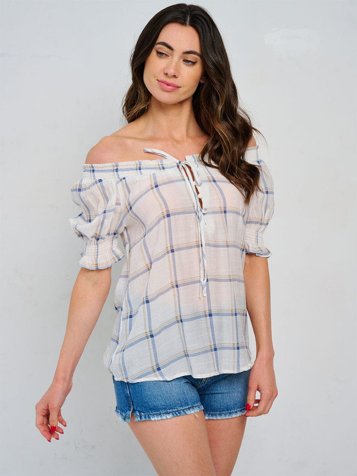 WOMEN'S SHORT SLEEVE OFF SHOULDER CHECKERS PRINT BLOUSE