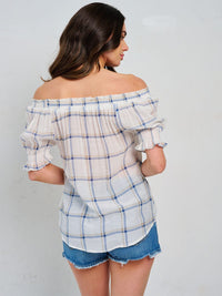 WOMEN'S SHORT SLEEVE OFF SHOULDER CHECKERS PRINT BLOUSE
