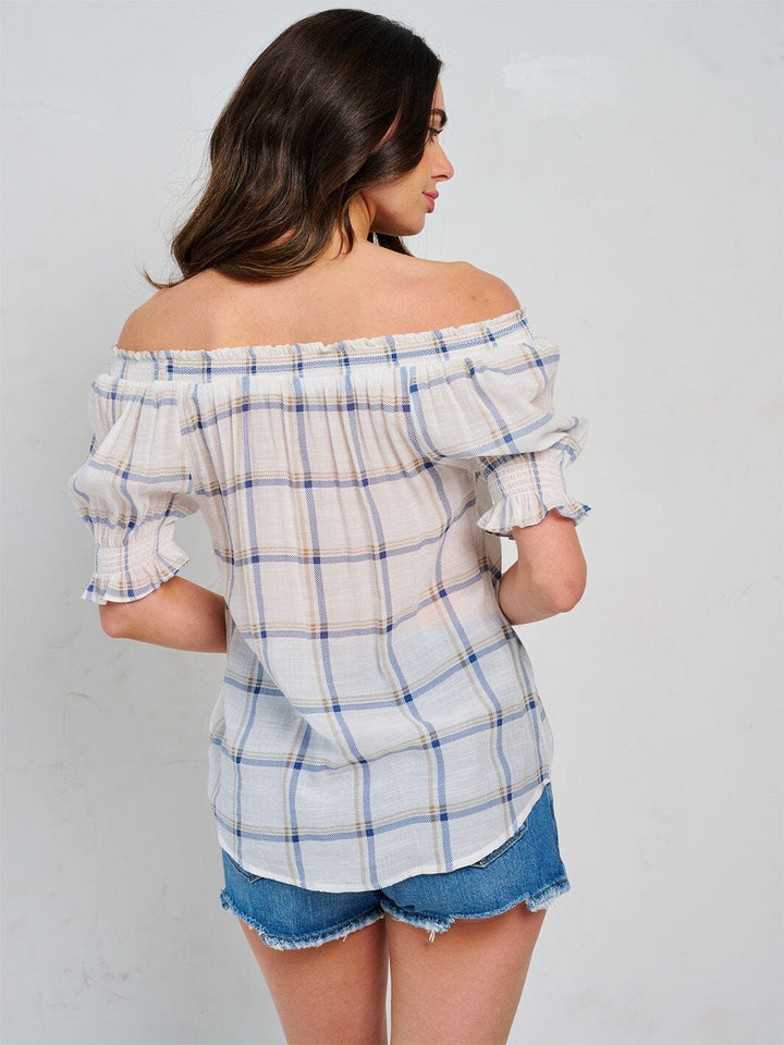 WOMEN'S SHORT SLEEVE OFF SHOULDER CHECKERS PRINT BLOUSE