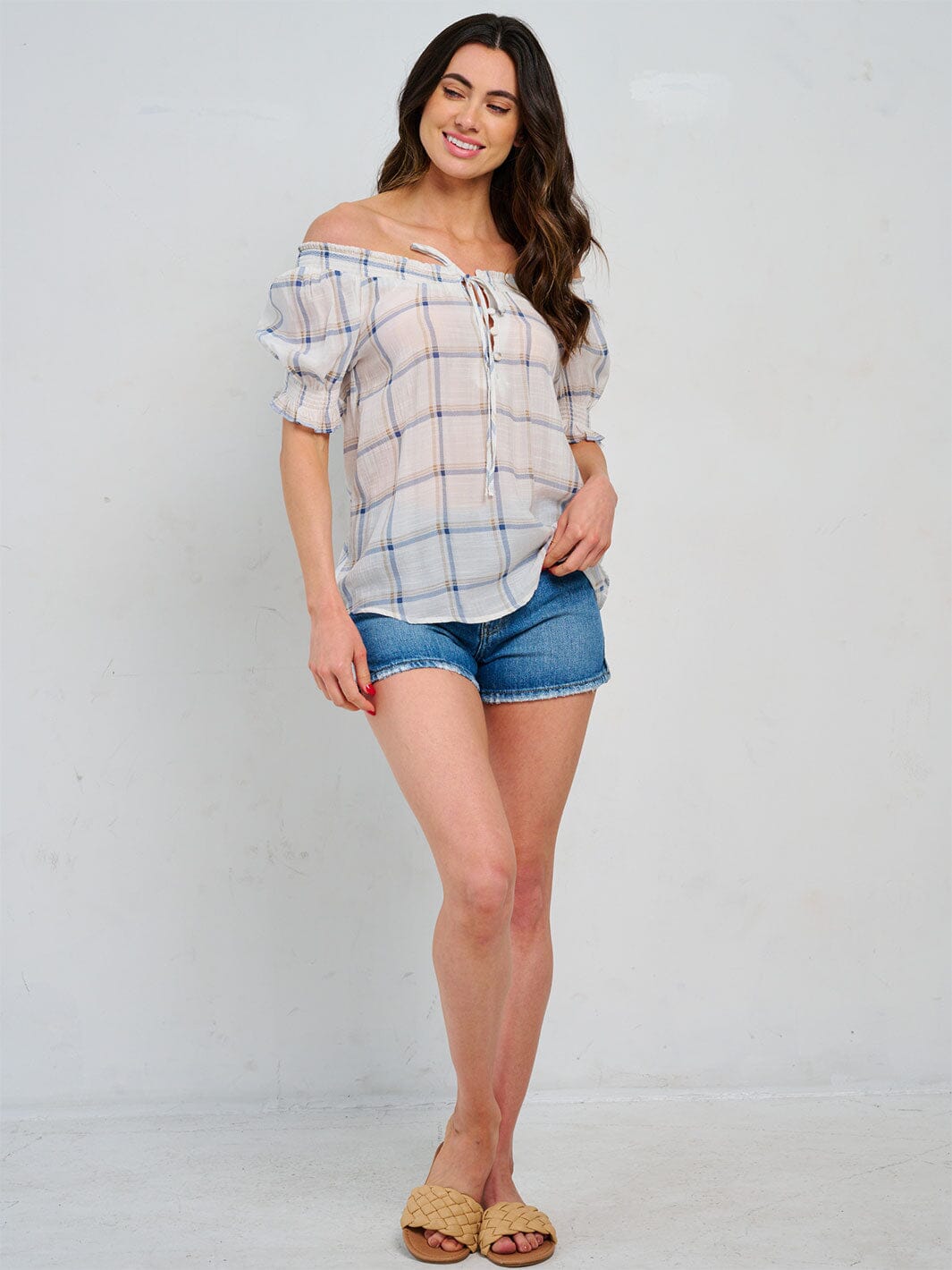 WOMEN'S SHORT SLEEVE OFF SHOULDER CHECKERS PRINT BLOUSE