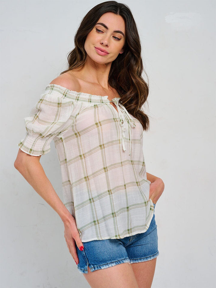 WOMEN'S SHORT SLEEVE OFF SHOULDER CHECKERS PRINT BLOUSE