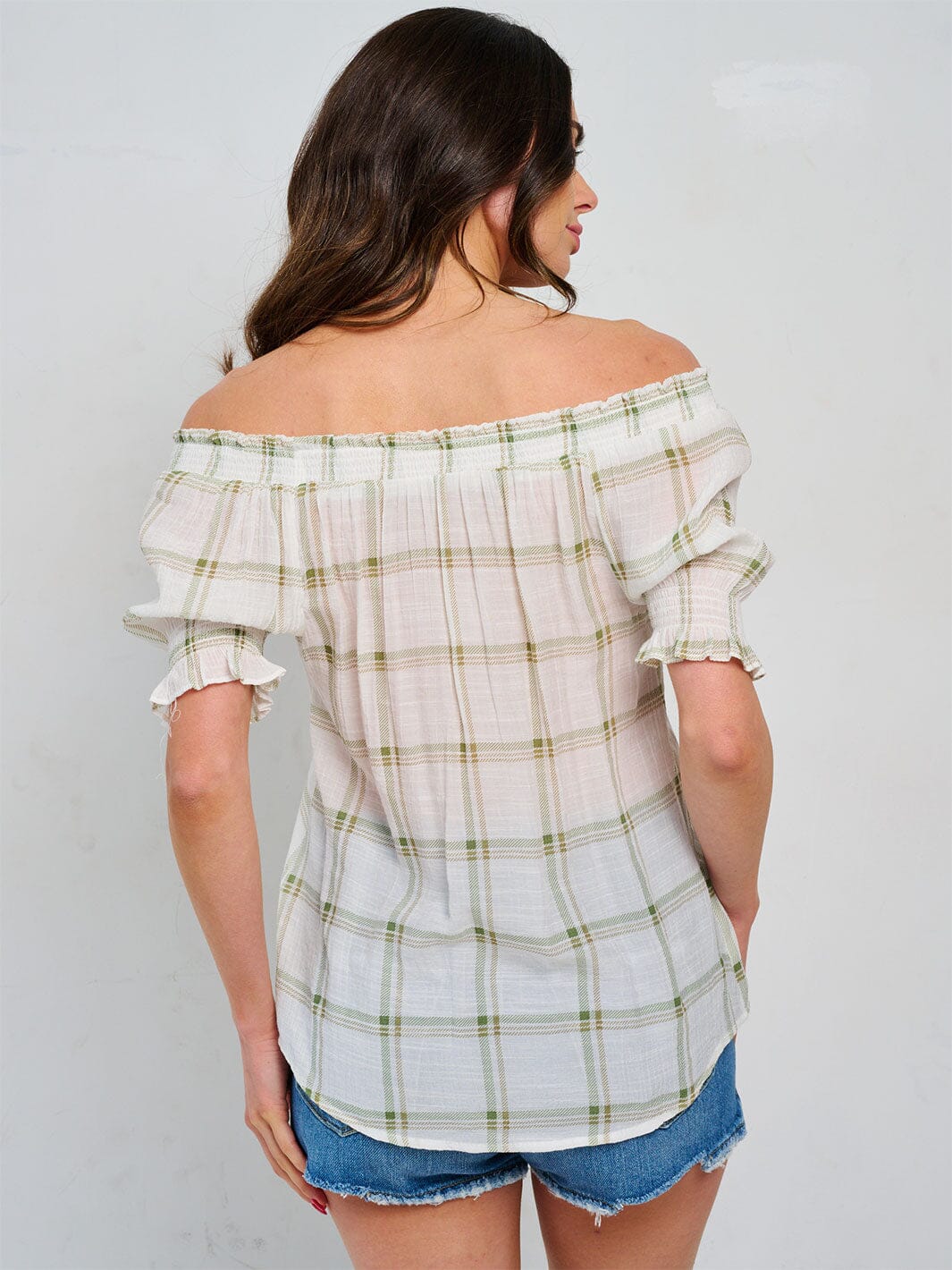WOMEN'S SHORT SLEEVE OFF SHOULDER CHECKERS PRINT BLOUSE