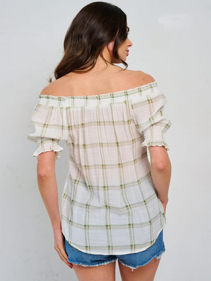 WOMEN'S SHORT SLEEVE OFF SHOULDER CHECKERS PRINT BLOUSE