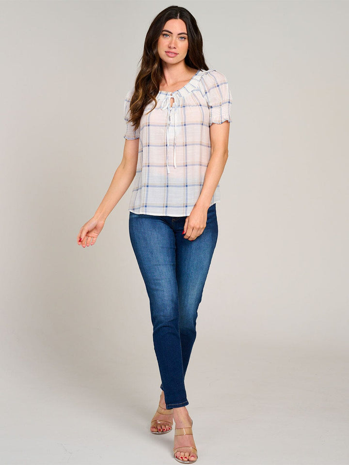 WOMEN'S SHORT PUFF SLEEVE PLAID BLOUSE