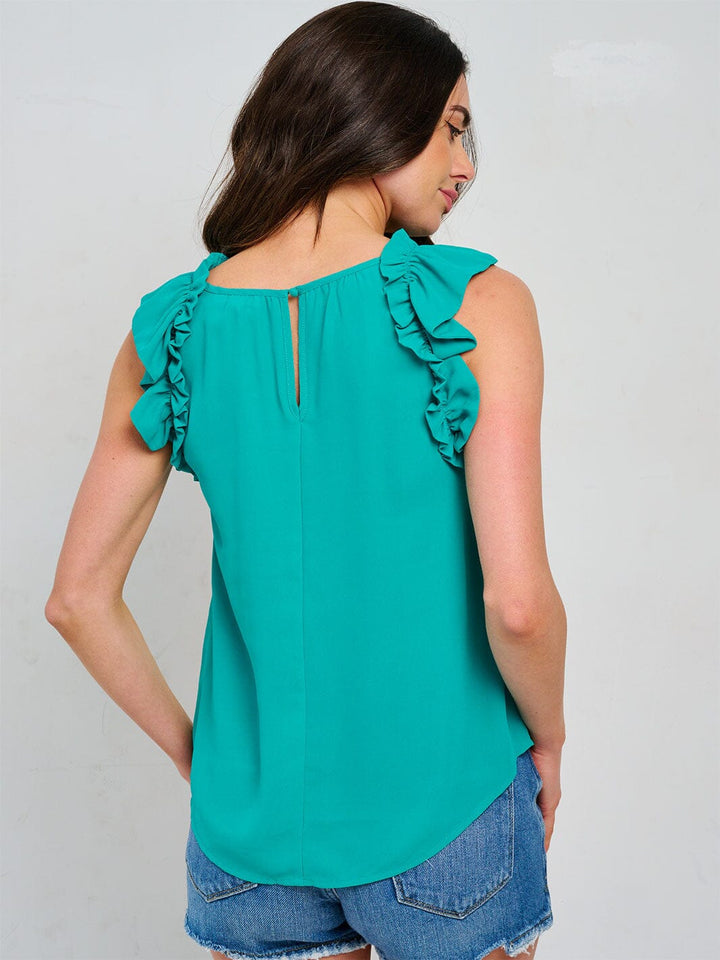 WOMEN'S RUFFLE SLEEVE NECK TRIM DETAILED BLOUSE