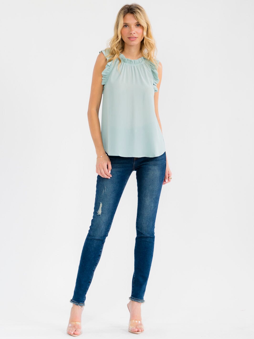 WOMEN'S RUFFLE SLEEVE NECK TRIM DETAILED BLOUSE