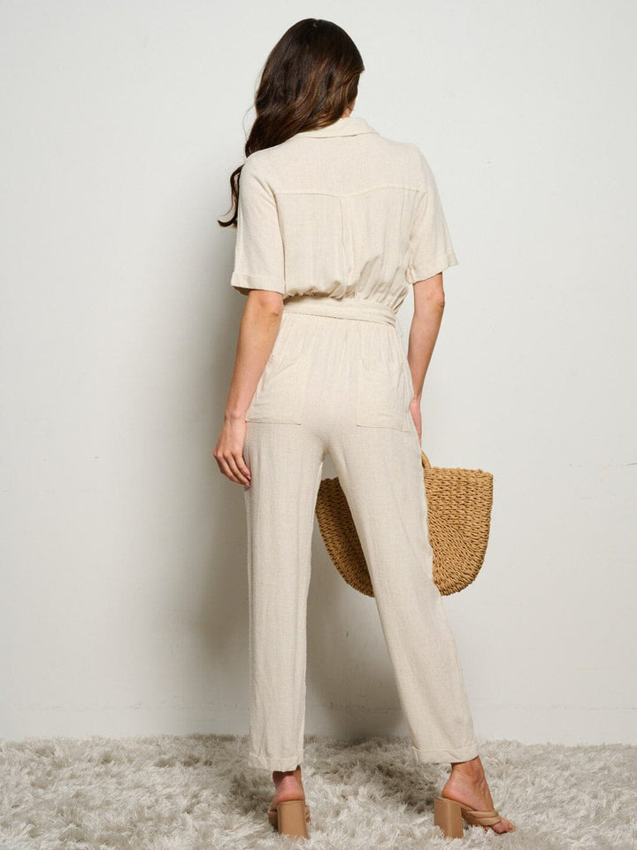 WOMEN'S SHORT SLEEVE BUTTON UP ELASTIC WAIST POCKETS JUMPSUIT