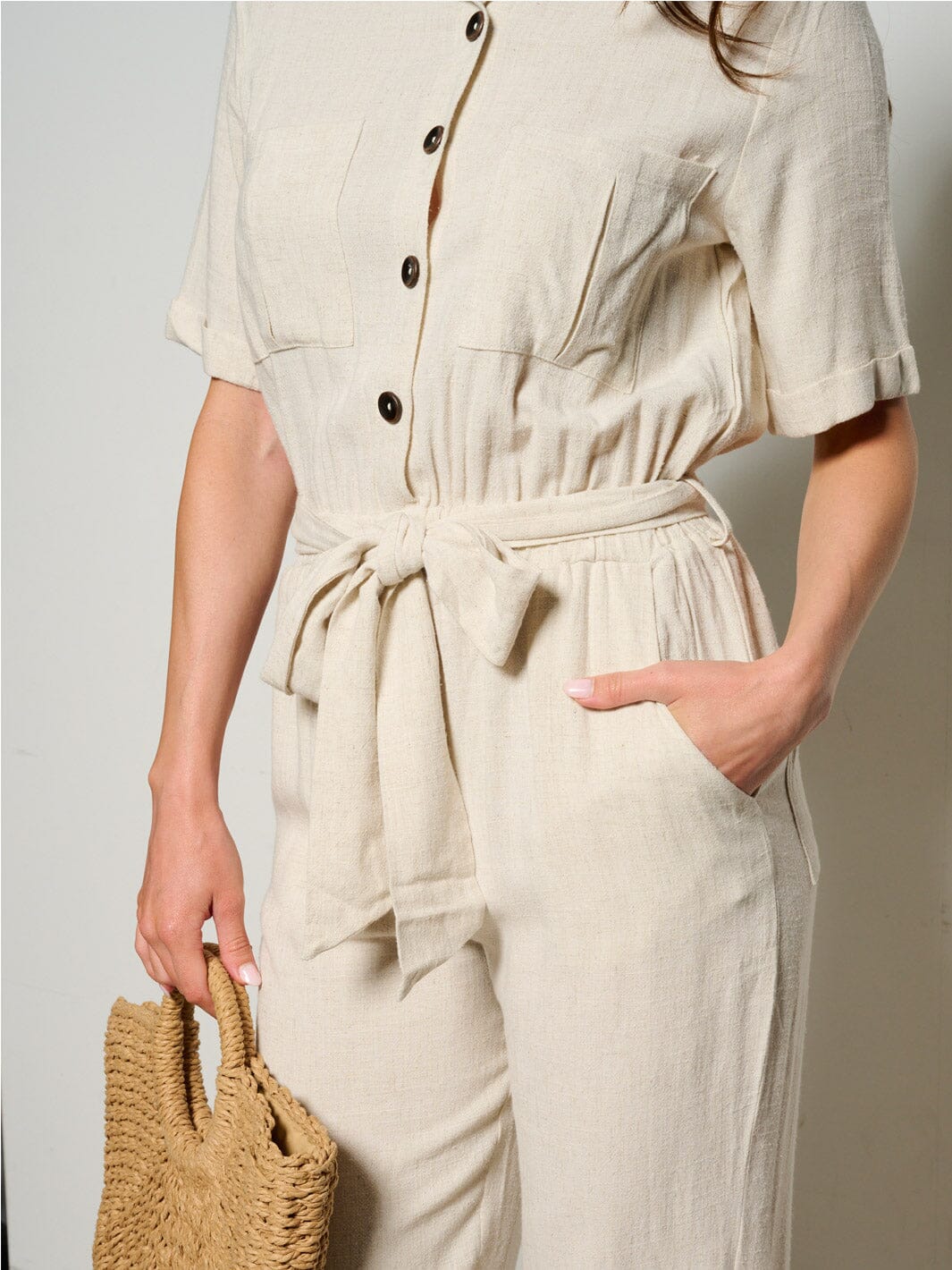 WOMEN'S SHORT SLEEVE BUTTON UP ELASTIC WAIST POCKETS JUMPSUIT