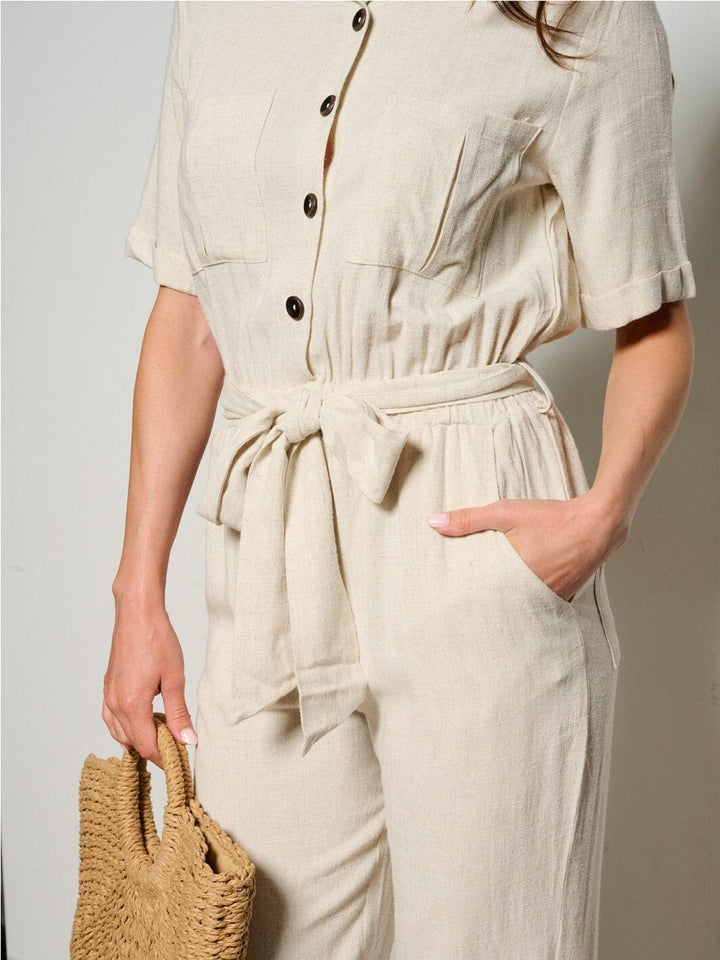 WOMEN'S SHORT SLEEVE BUTTON UP ELASTIC WAIST POCKETS JUMPSUIT