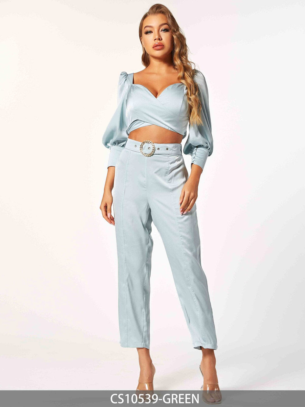 WOMEN'S 3/4 SLEEVE CROP TOP & BELTED PANTS 2PC. SET